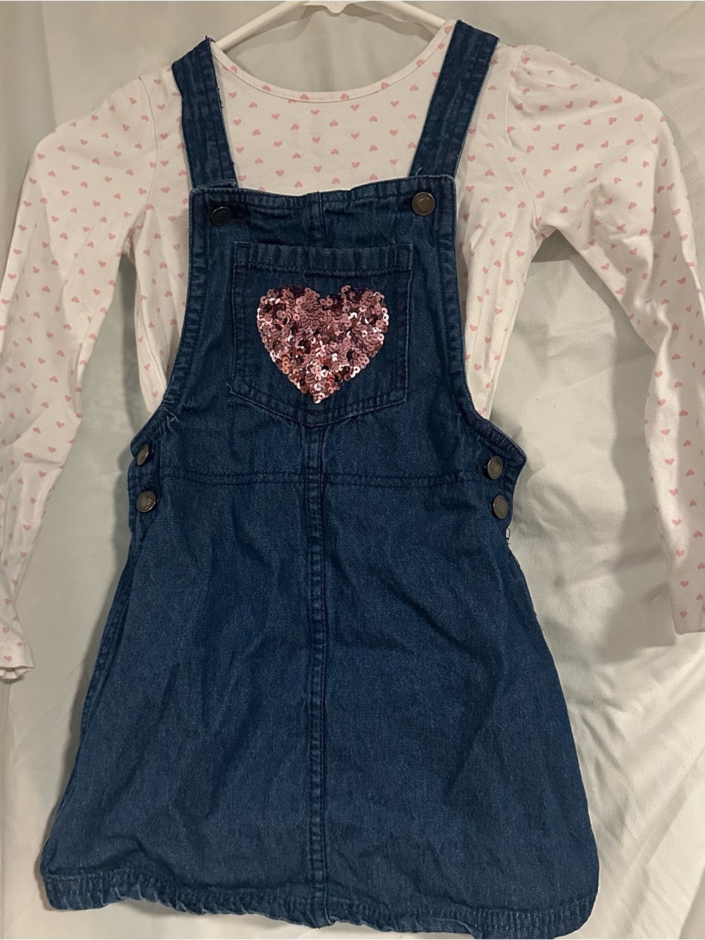 Max Studio Blue Denim Overall Dress with Pink Sequin Heart & polka dot shirt